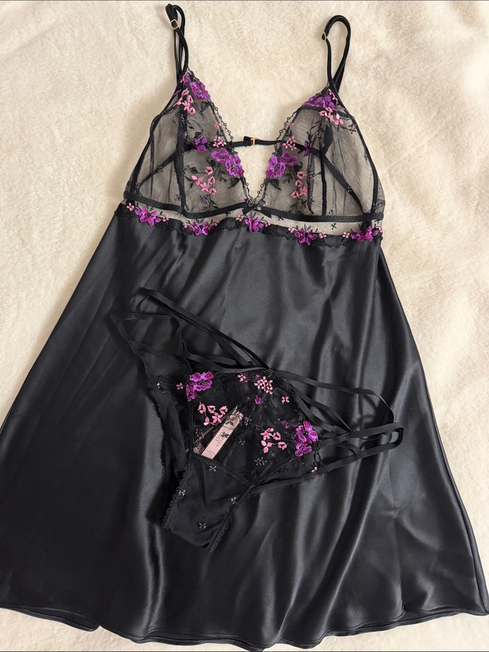 VS Black Satin & Sheer Lace slip with Pink and Purple Floral Embroidery